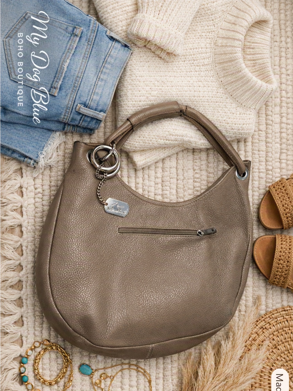 Pebbled Taupe Shoulder Hobo with Silver Logo Charm